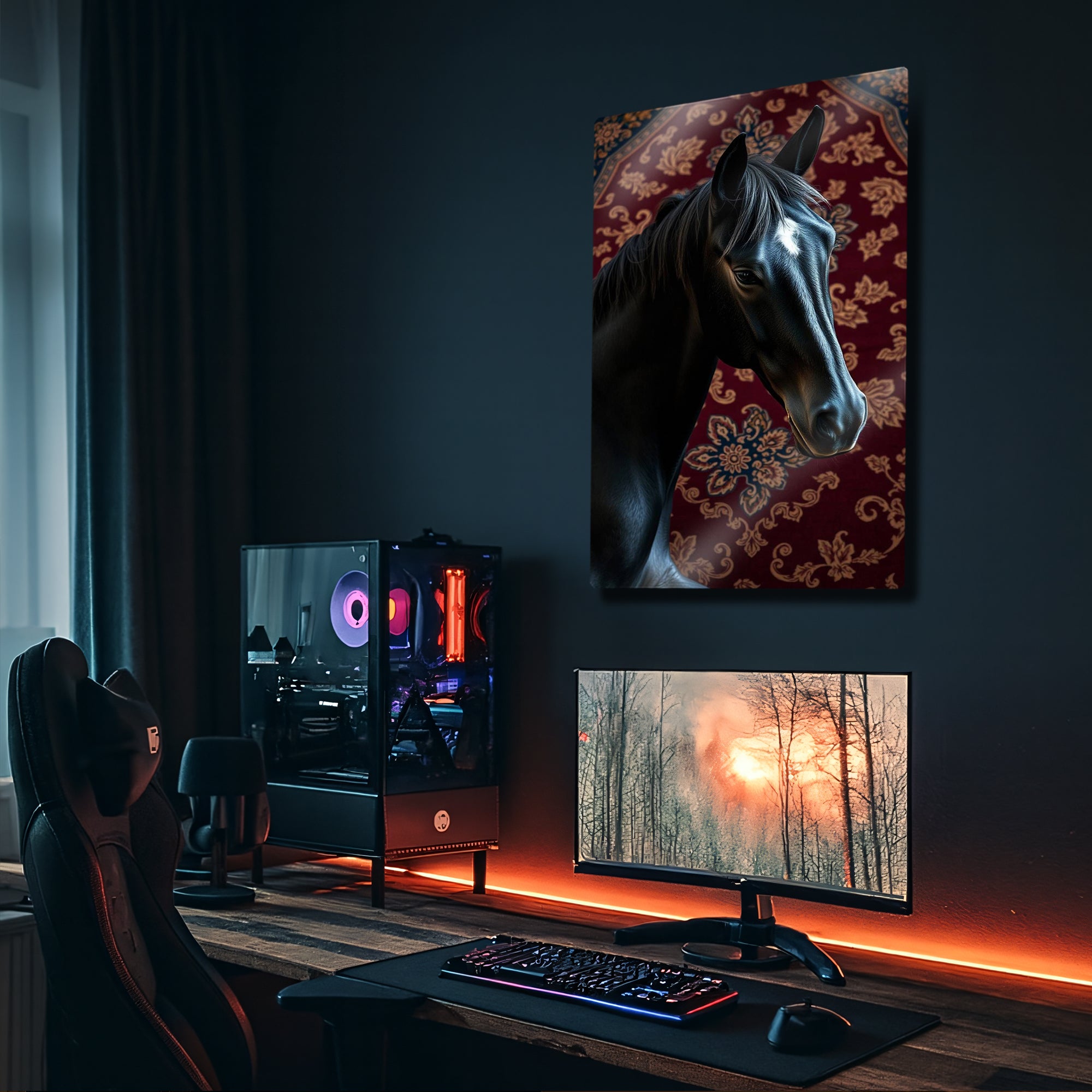 Siyah At Tablosu Halı Desenli - Metal Tablo