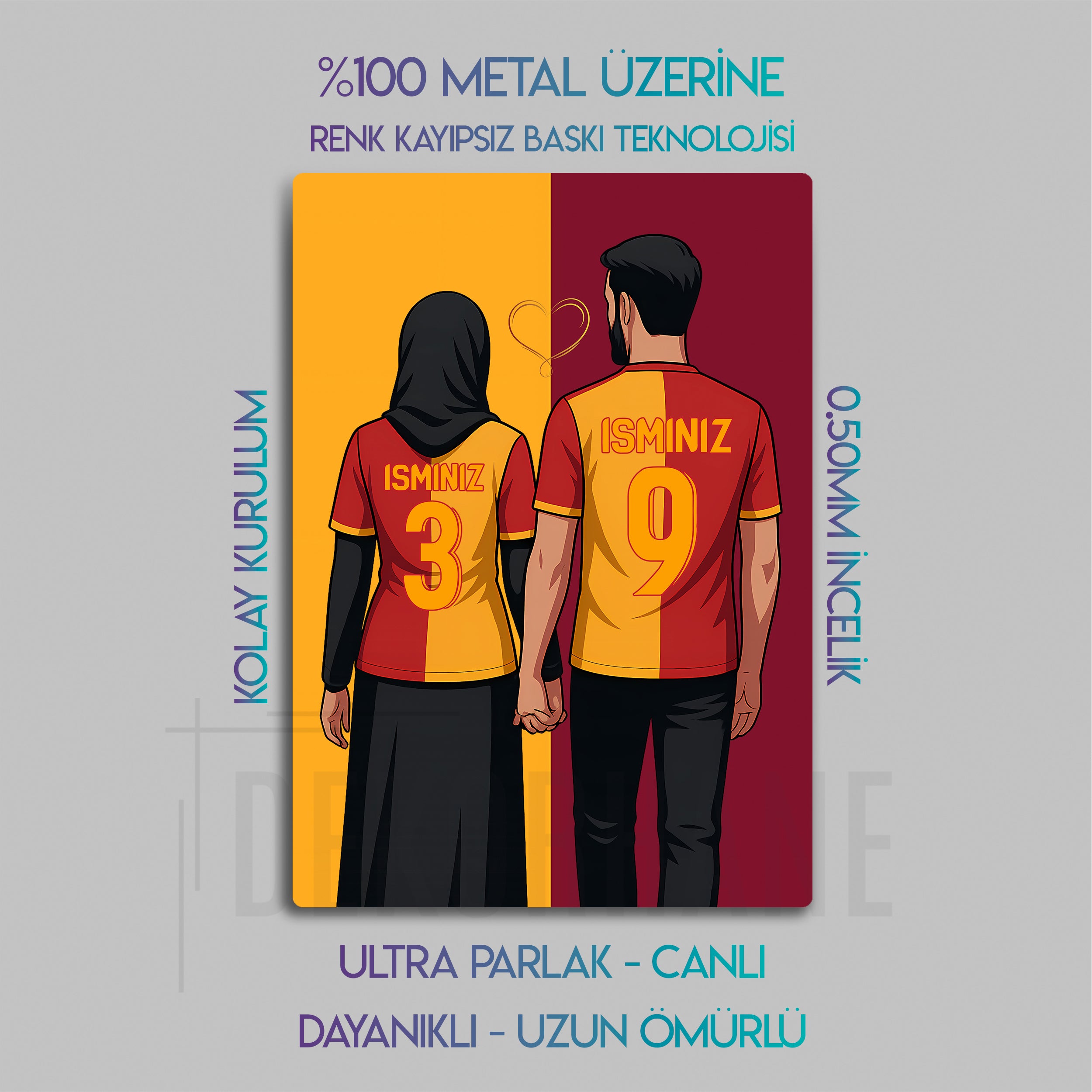 Galatasaray Sevgili Erkek Kadın Türbanlı - Kişiselleştirilebilir Metal Tablo
