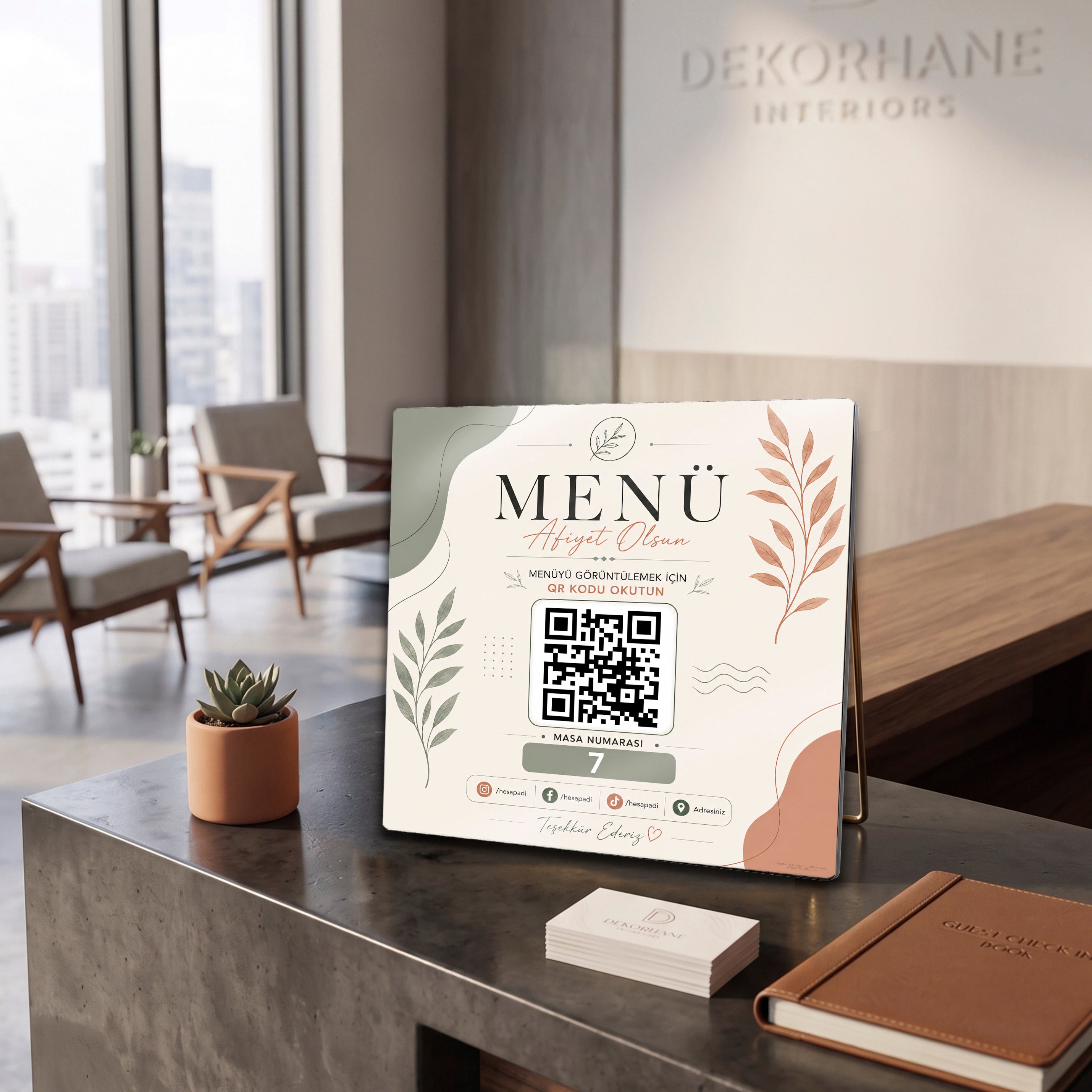 Kişiye Özel Metal QR Menü Levhası – Masa Numaralı ve Sosyal Medyalı Kafe Restoran Tabelası