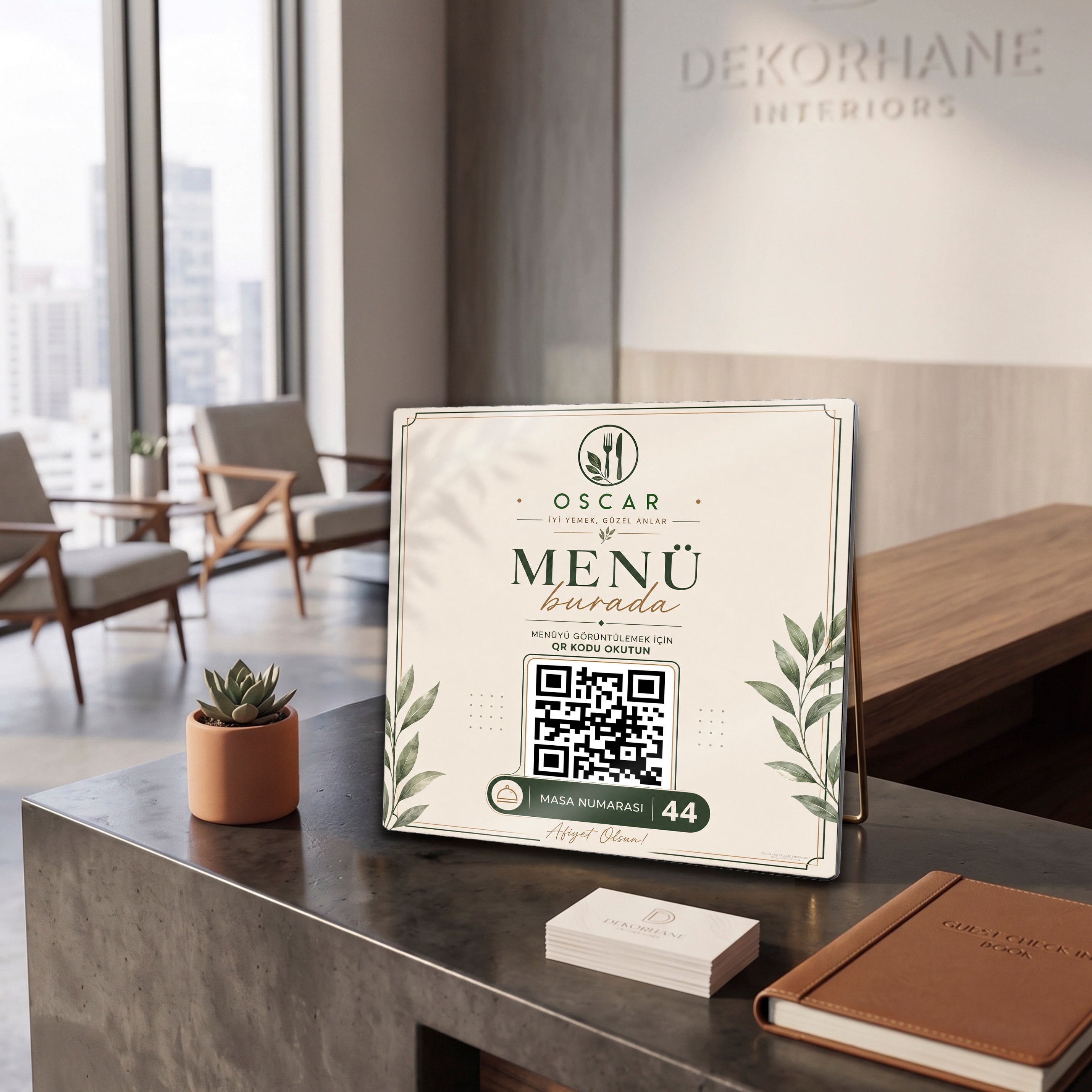 Kare Metal QR Menü Levhası ve Masa Numarası – Restoran Kafe Masaüstü Menü Standı