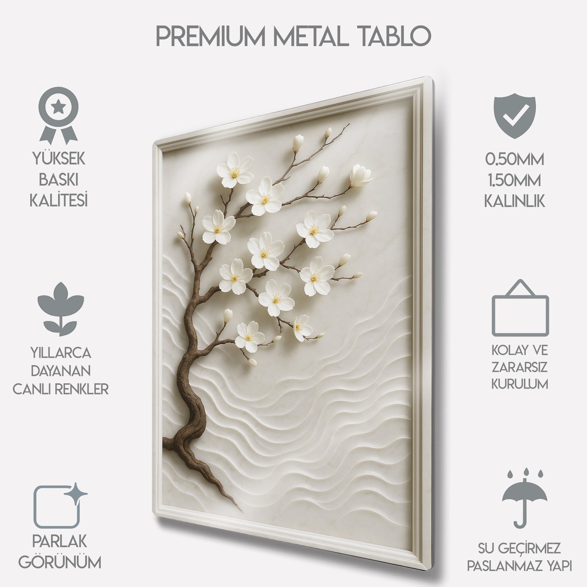 Beyaz Sakura Kiraz Çiçeği Ağaç Desenli 3D - Metal Tablo