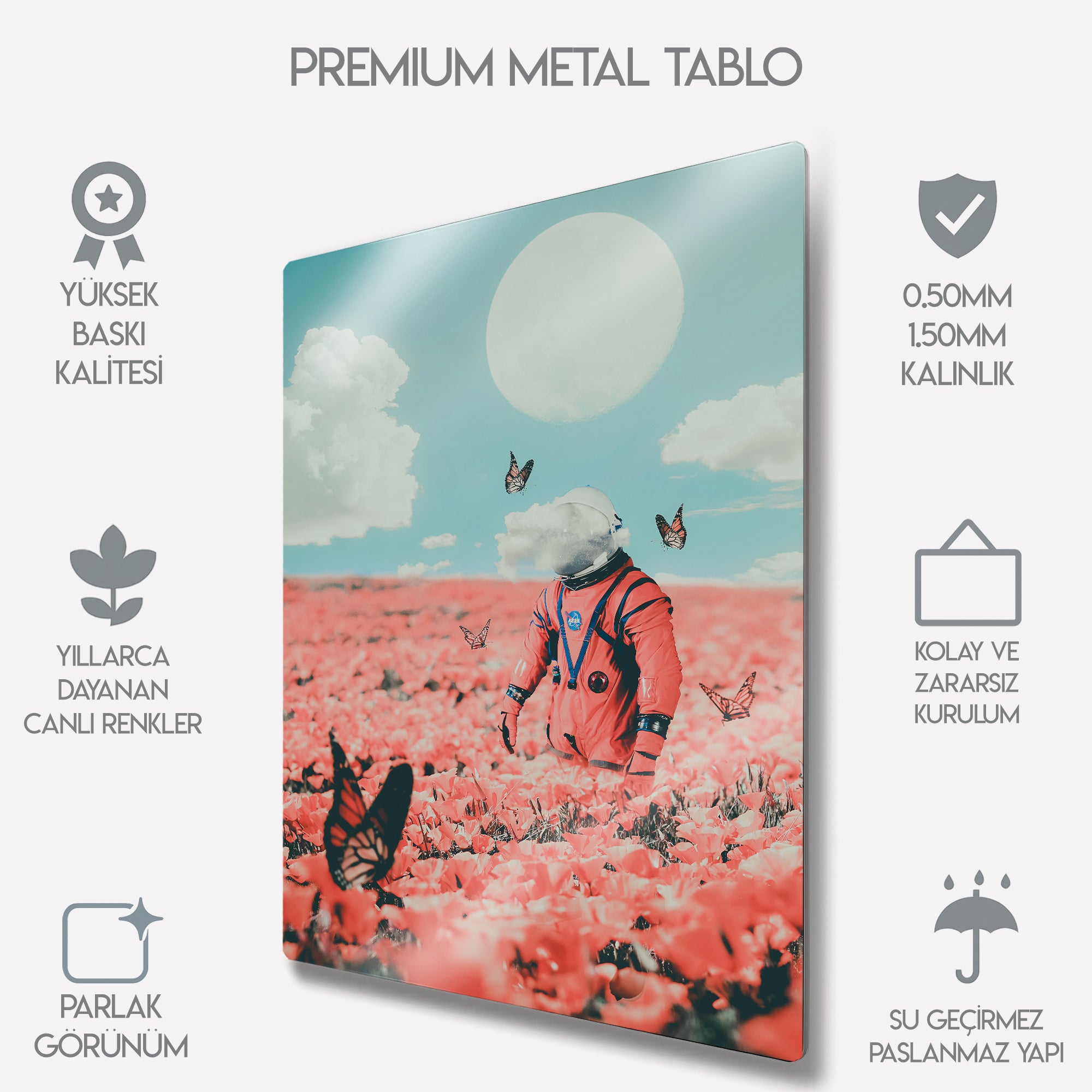 Astronot Tablosu Çiçekler ve Kelebekler - Metal Tablo