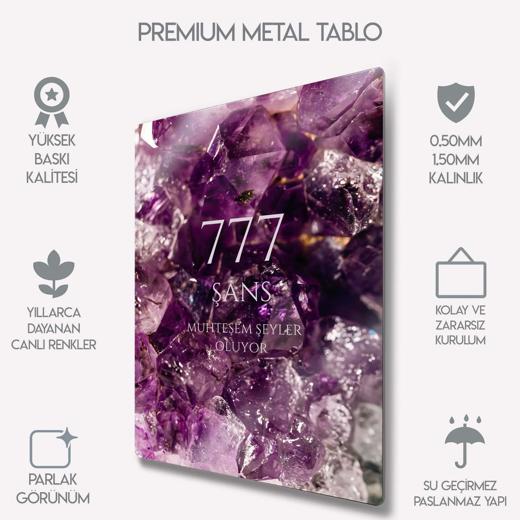 777 Tablosu Mor Kristal Şans ve Enerji Dekor - Metal Tablo