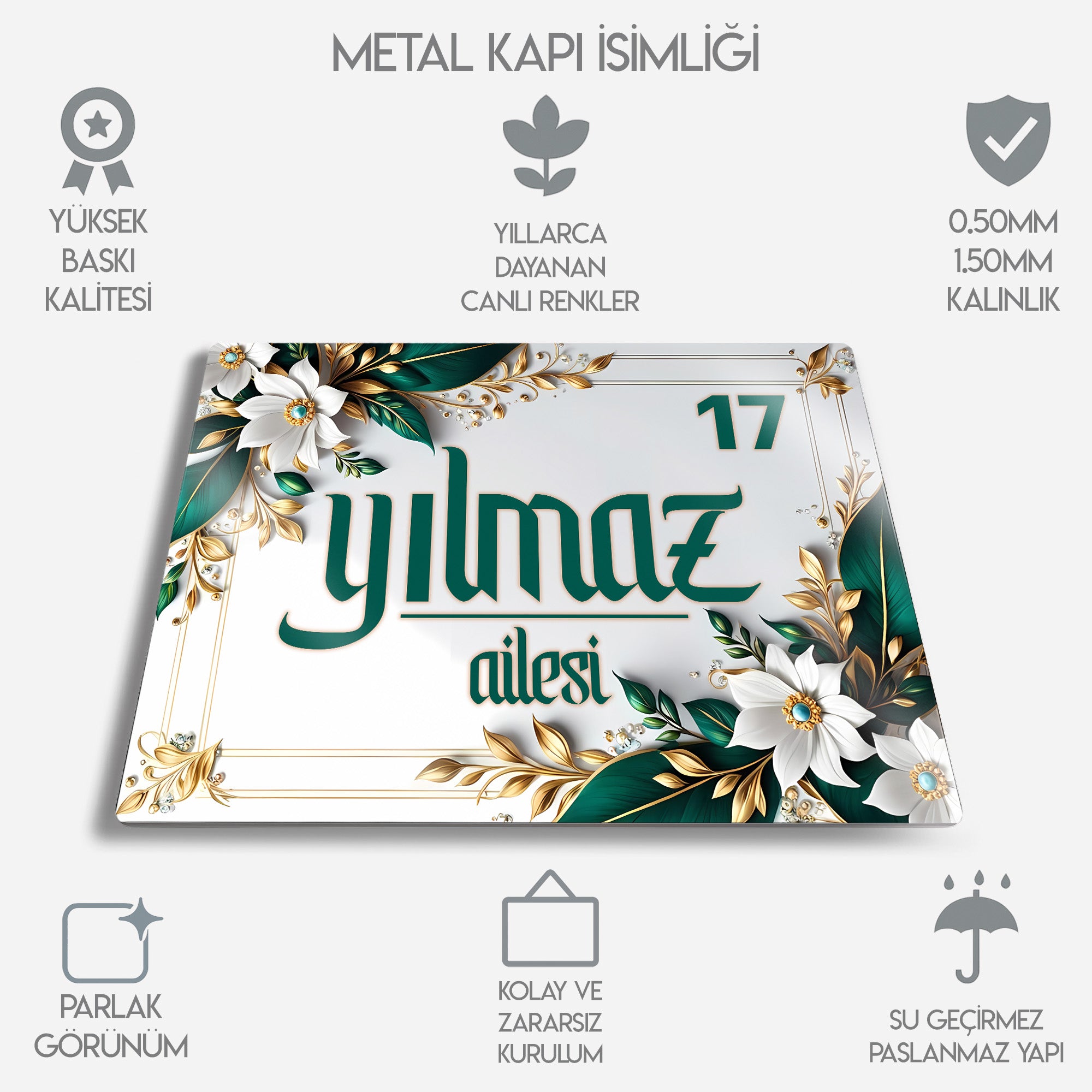 Kişiye Özel Metal Kapı İsimliği - Zümrüt Yeşili Altın Detaylı Manolya