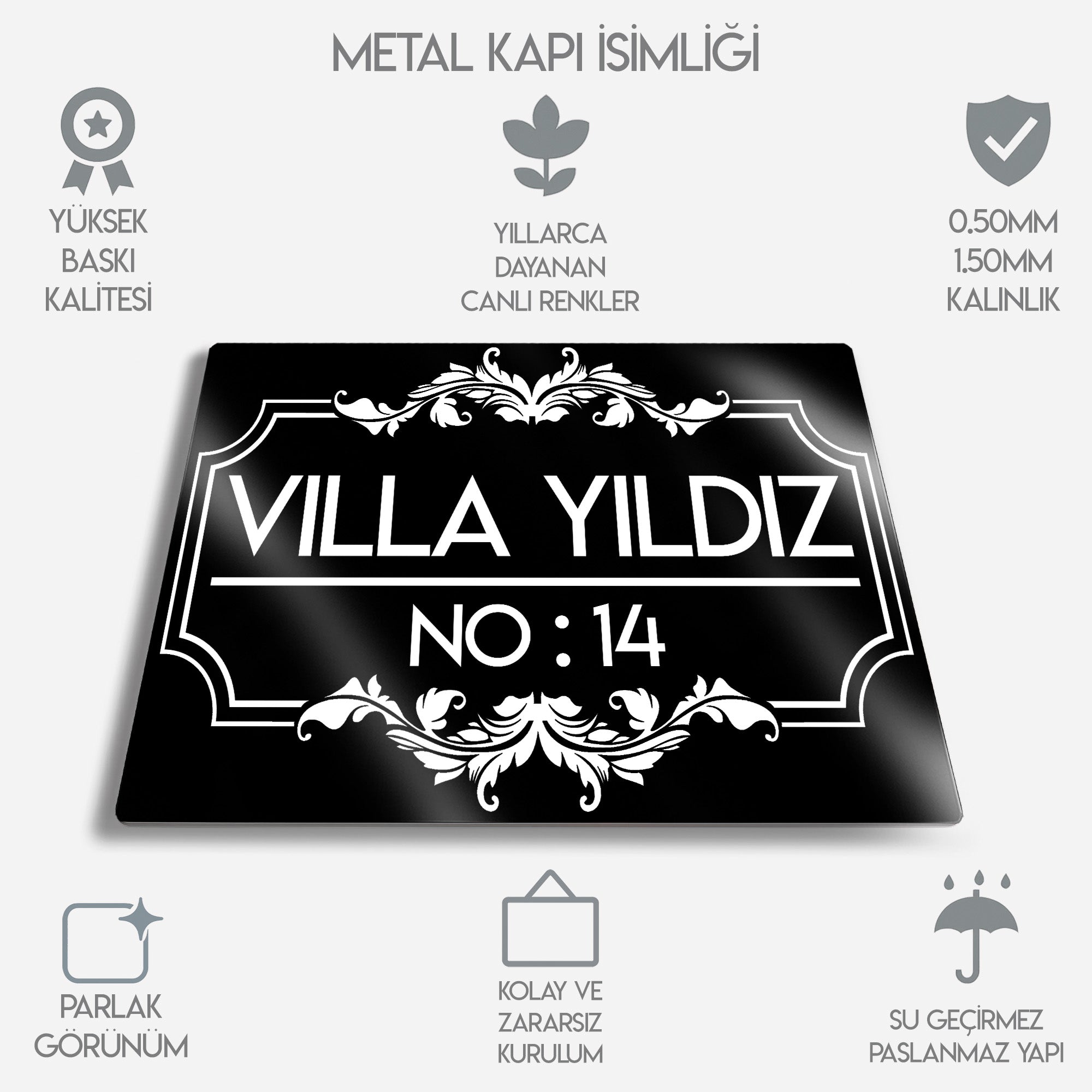 Kişiye Özel Metal Kapı İsimliği - Siyah Beyaz Sade