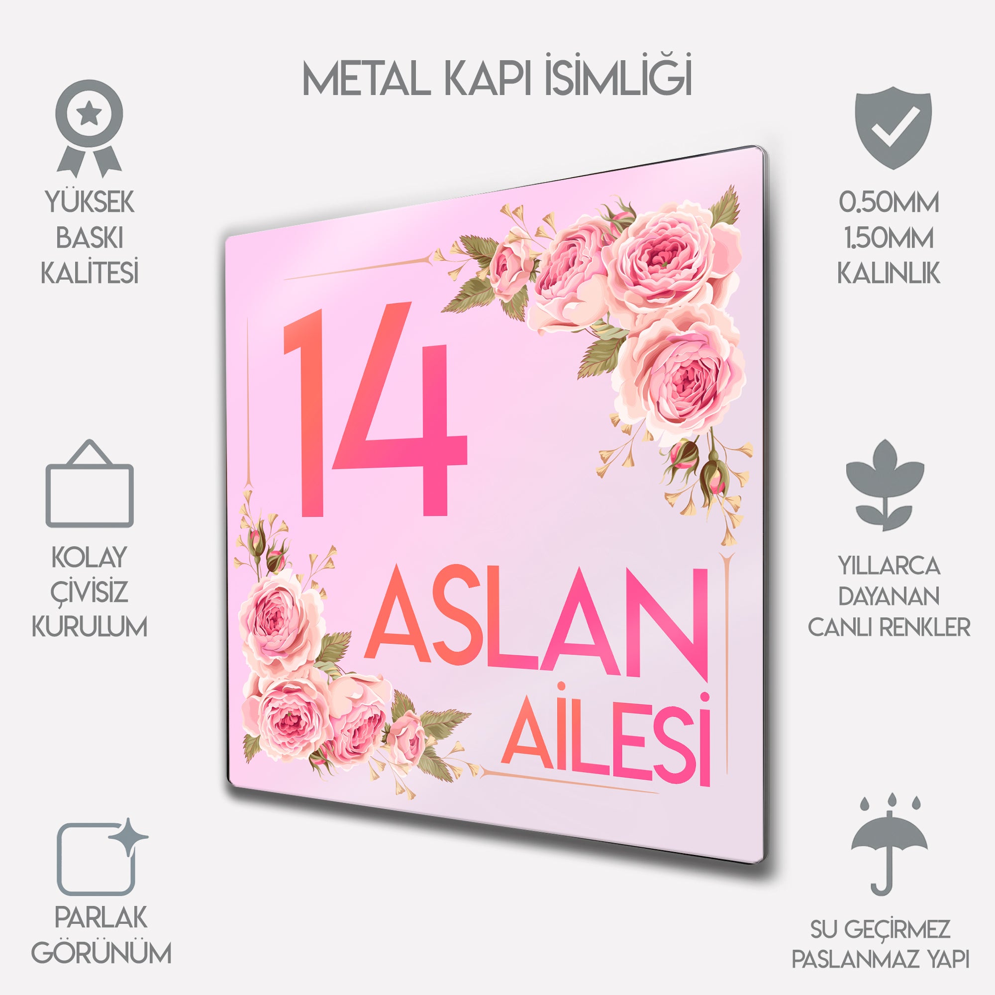 Kişiye Özel Metal Kapı İsimliği - Çiçekli Pembe