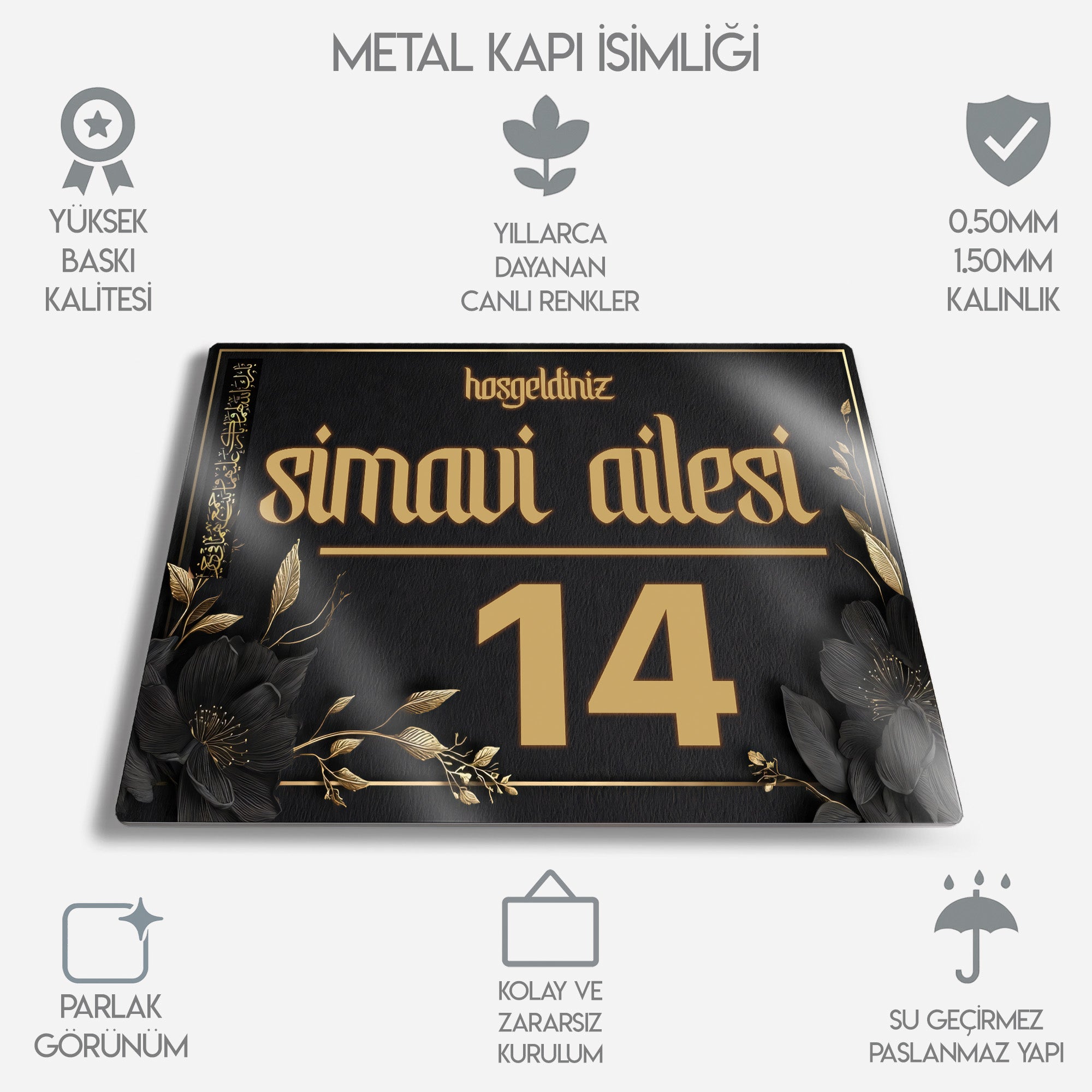 Kişiye Özel Metal Kapı İsimliği - Siyah Çiçek Mat Detaylı
