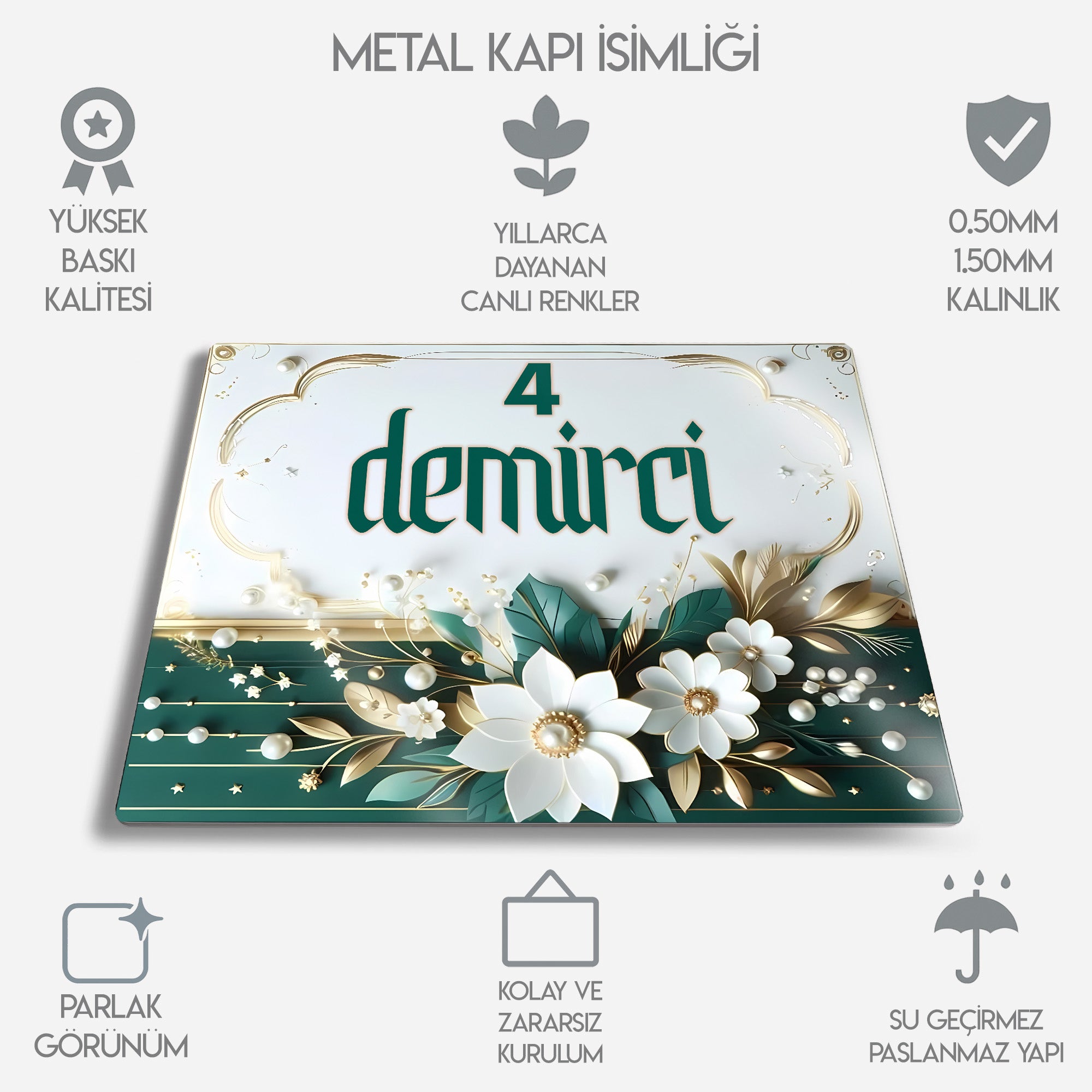 Kişiye Özel Metal Kapı İsimliği - Altın Çiçek Orkide Yaldızlı