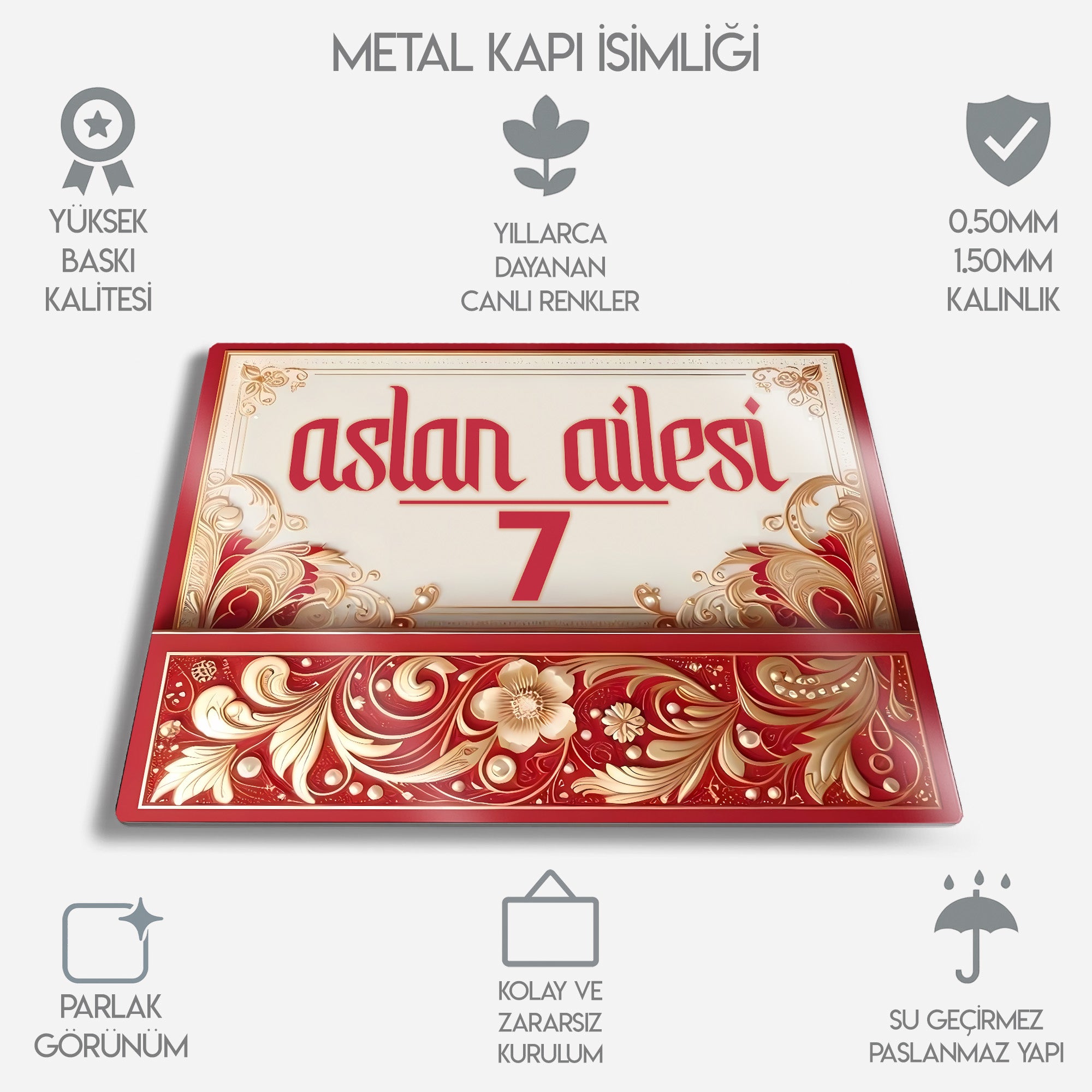 Kişiye Özel Metal Kapı İsimliği - Kırmızı Altın İşlemeli