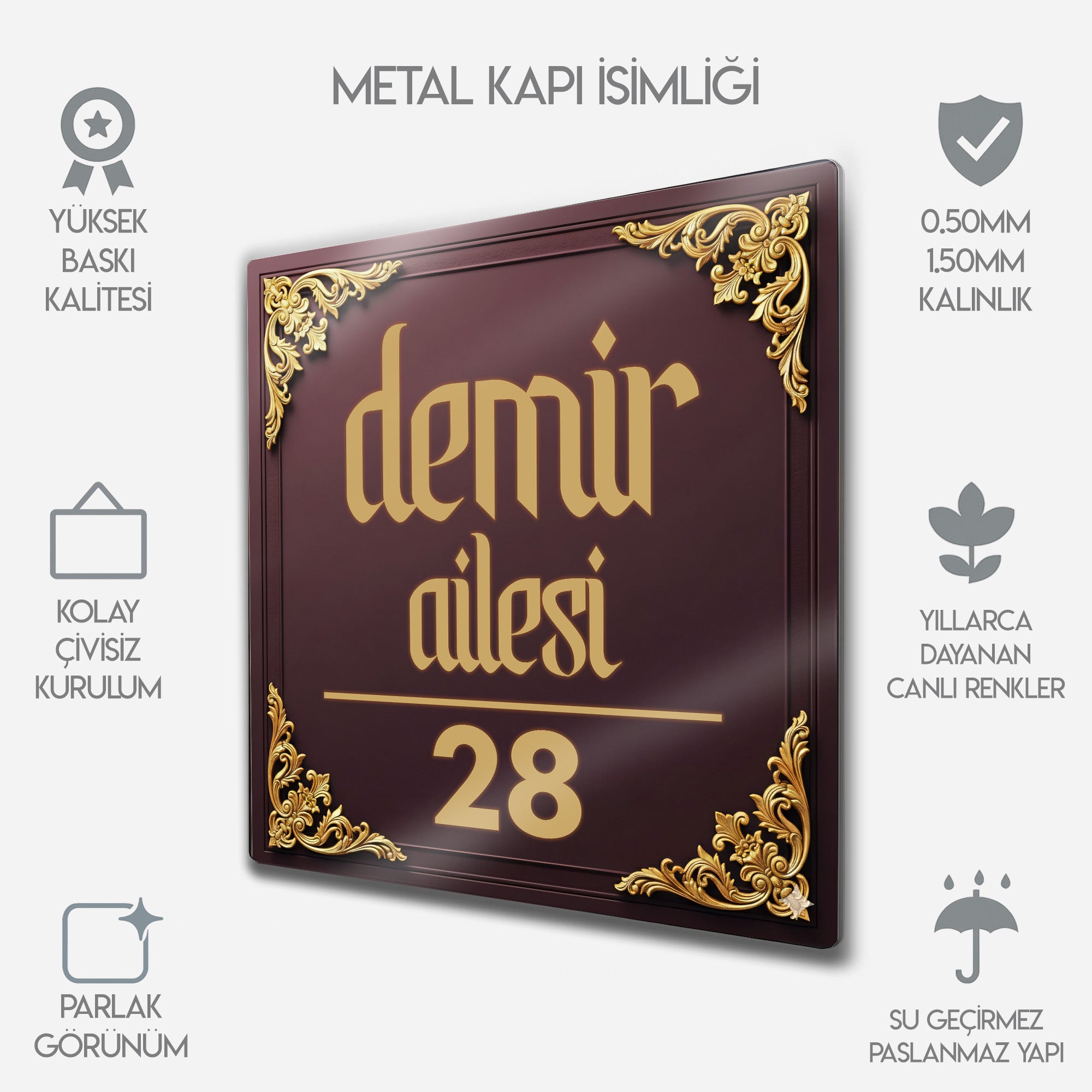 Kişiye Özel Metal Kapı İsimliği - Kırmızı Motifli Aile Numara