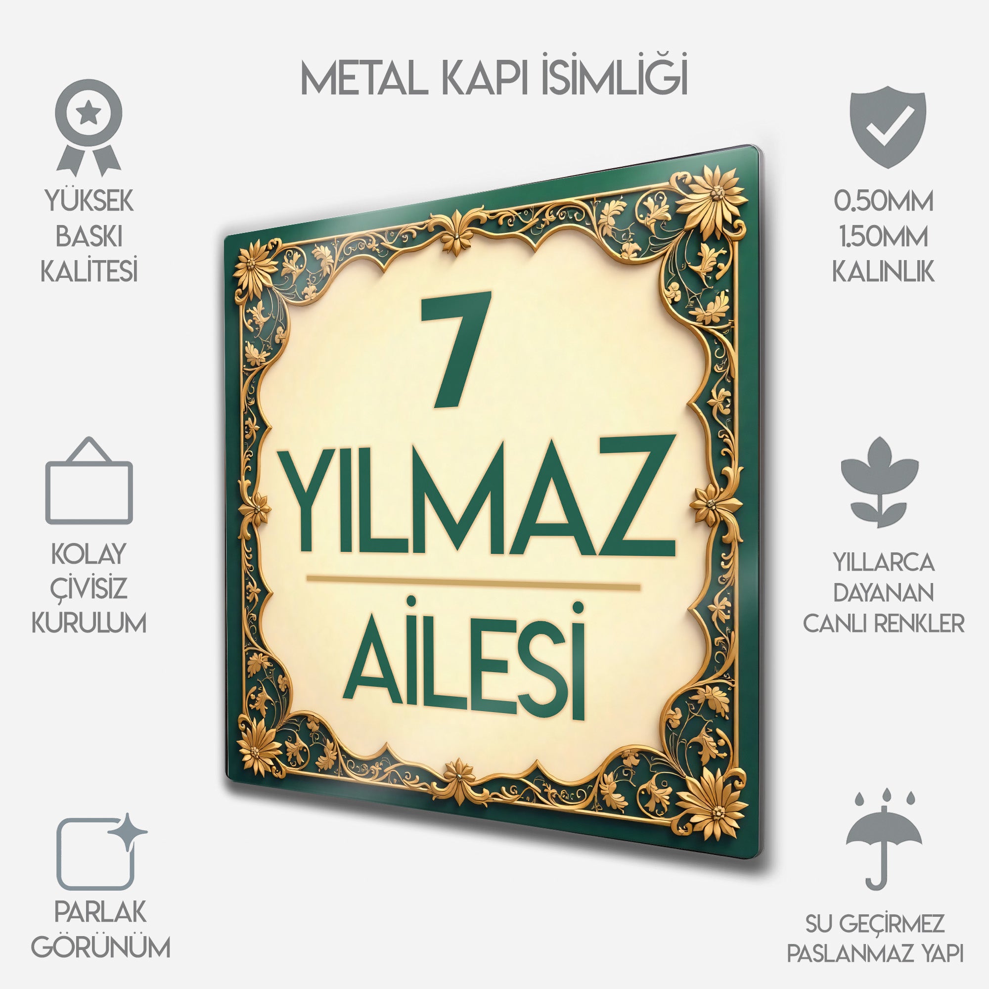 Kişiye Özel Metal Kapı İsimliği - Altın Desen Kaplama Motifli
