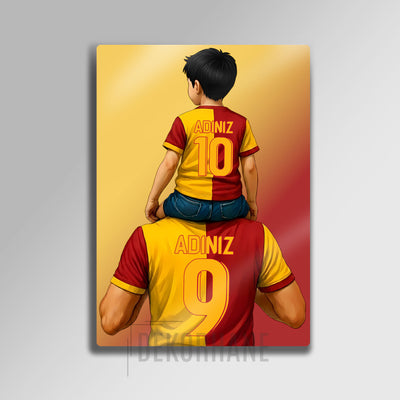 Sarı Kırmızı Parçalı Forma, Baba Erkek Çocuk - Kişiselleştirilebilir Metal Tablo