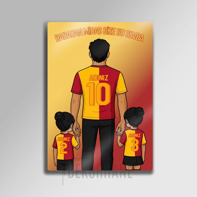 Sarı Kırmızı Baba Kız Çocuklar - Kişiselleştirilebilir Metal Tablo