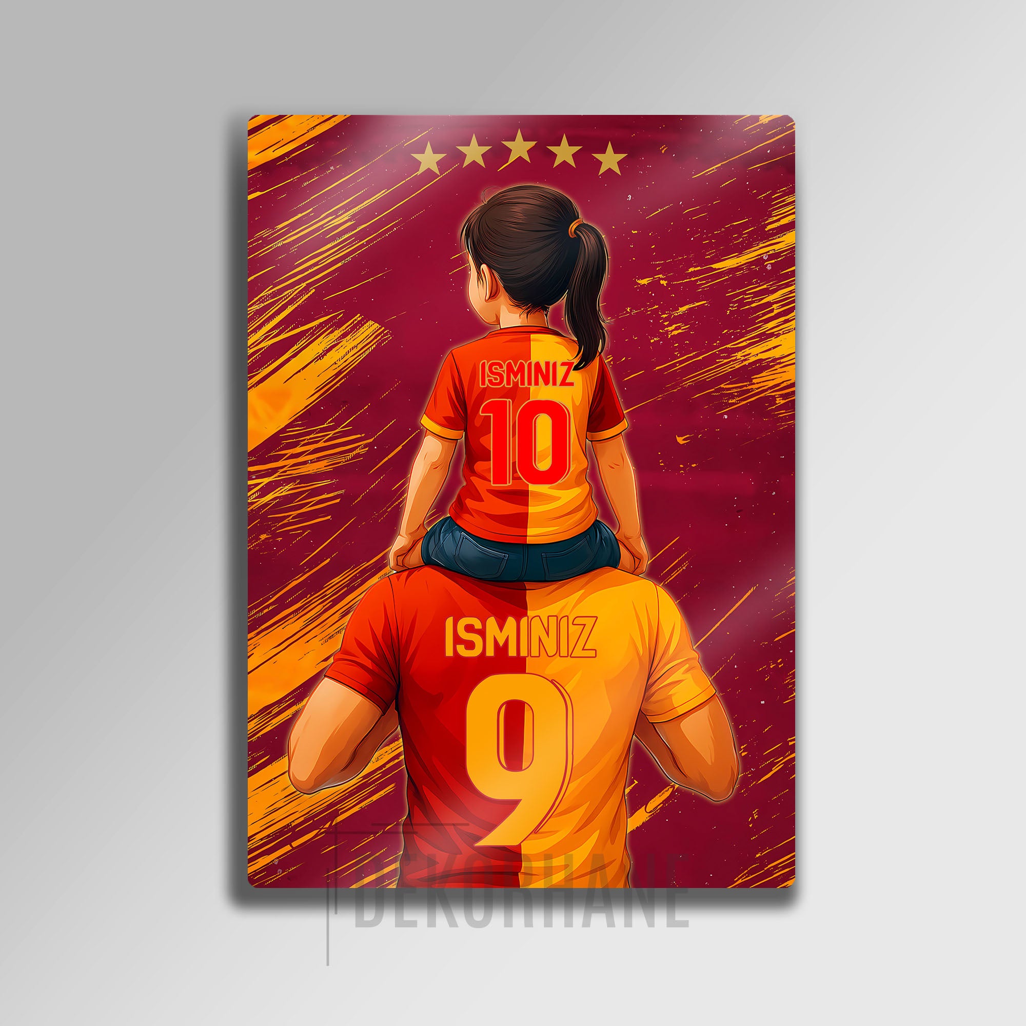 Sarı Kırmızı Baba Kız Çocuk - Kişiselleştirilebilir Metal Tablo