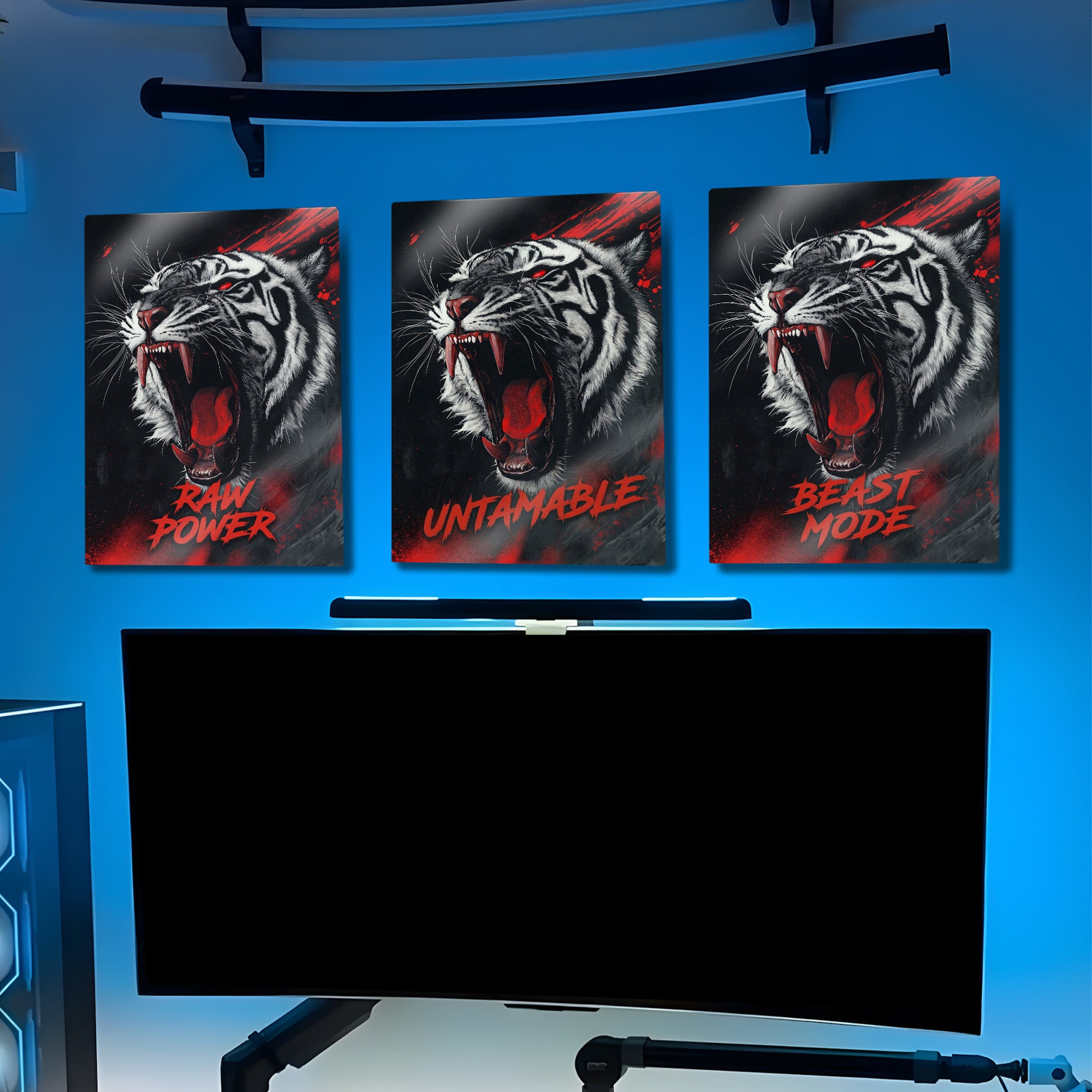 Beast Mode Kaplan 3 Parça Metal Tablo – Gaming Setup Duvar Dekoru