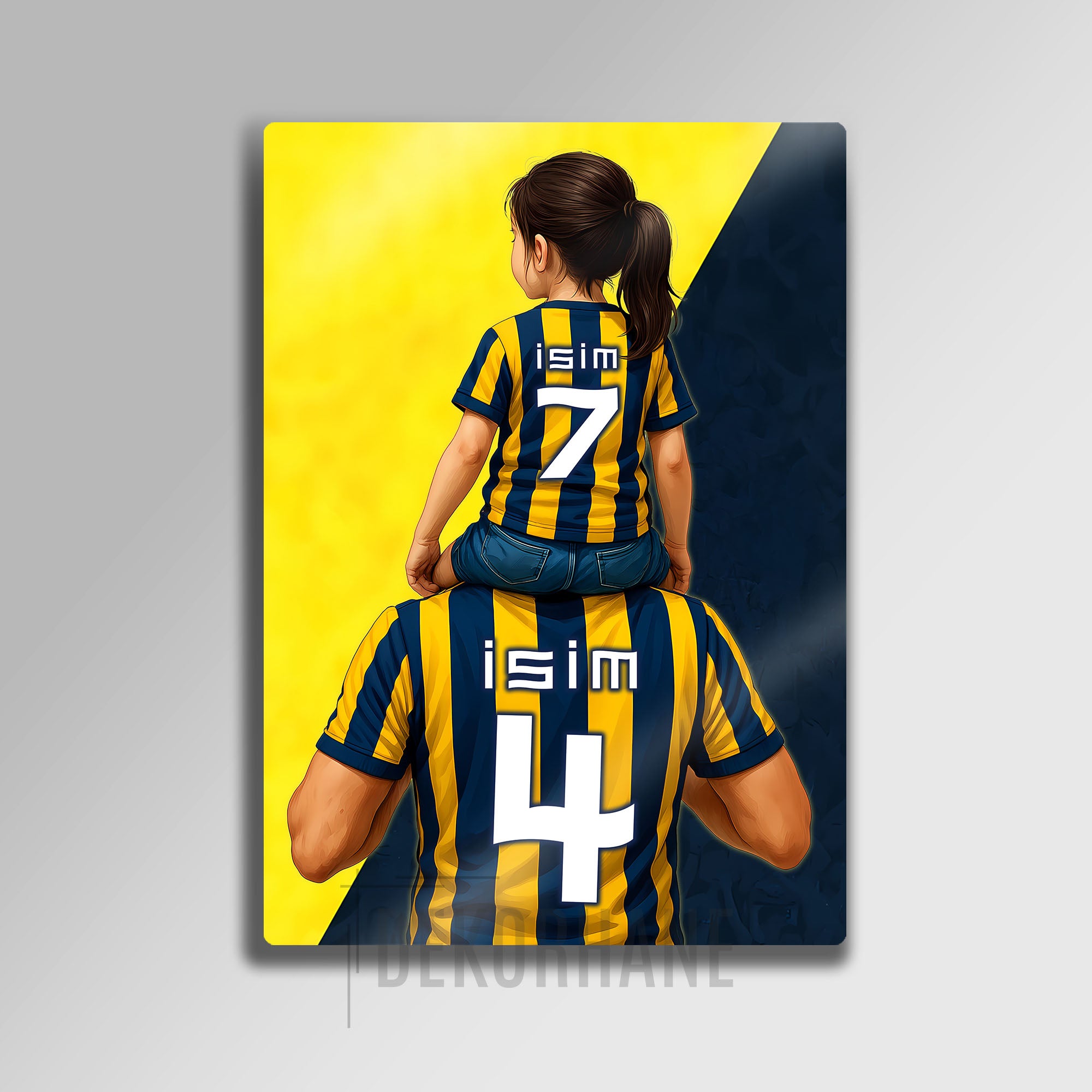 Sarı Lacivert Baba Kız Çocuk - Kişiselleştirilebilir Metal Tablo