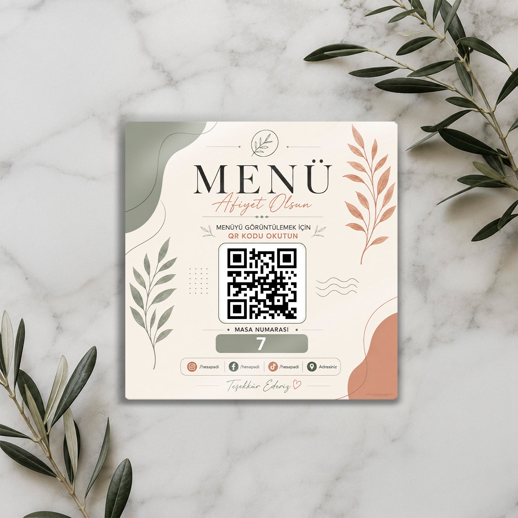 Kişiye Özel Metal QR Menü Levhası – Masa Numaralı ve Sosyal Medyalı Kafe Restoran Tabelası