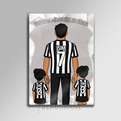 Siyah Beyaz Baba, 2 Kız Çocuk - Kişiselleştirilebilir Metal Tablo