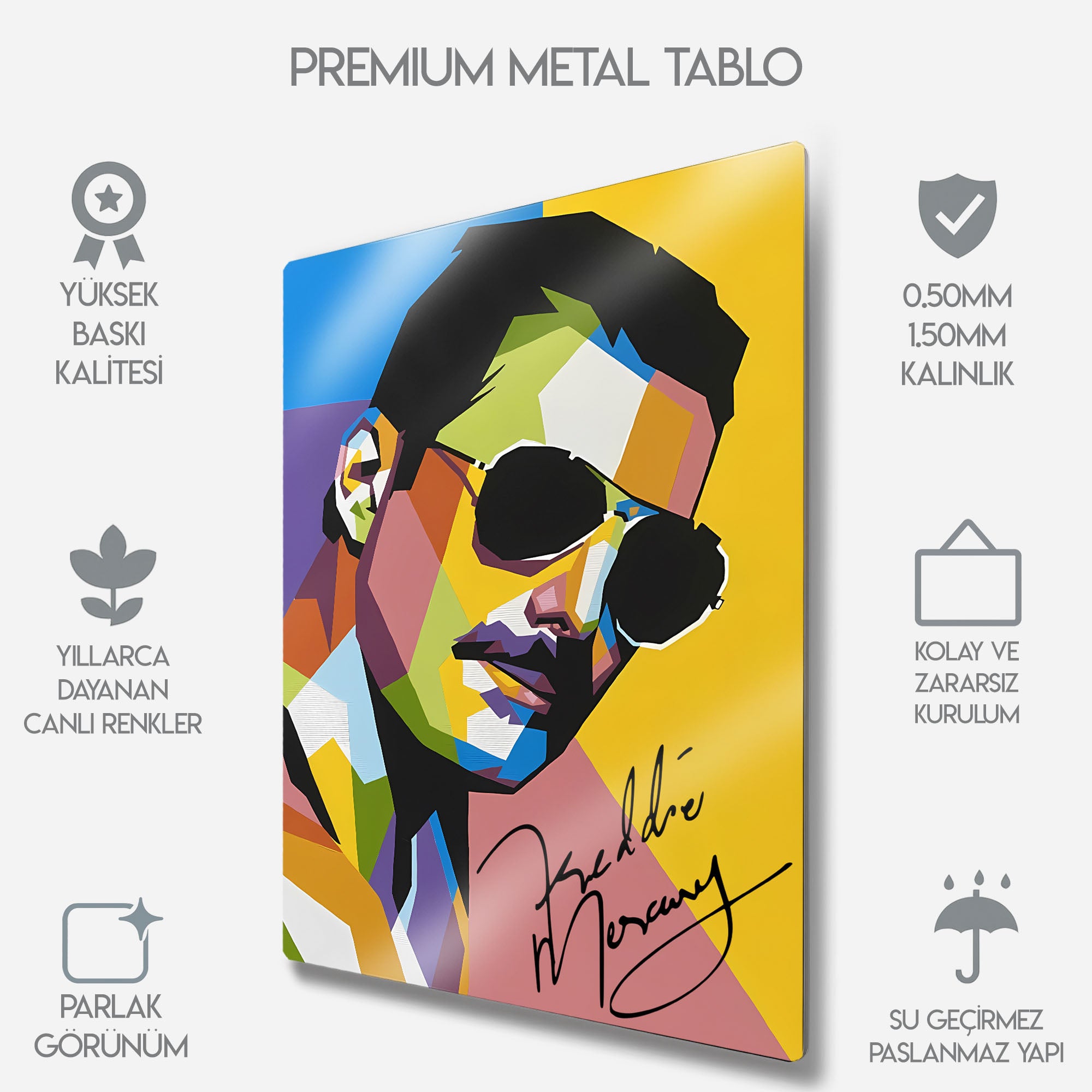 Freddie Mercury, İmzalı Pop Art Duvar Dekoru - Metal Tablo