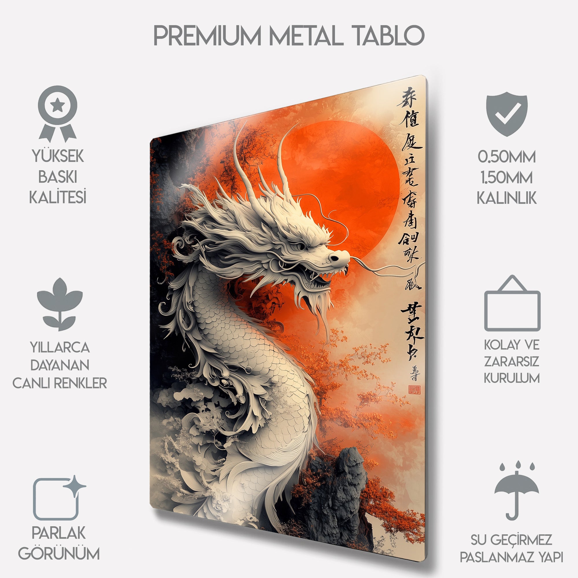 Asya Ejderha ve Kırmızı Güneş - Metal Tablo