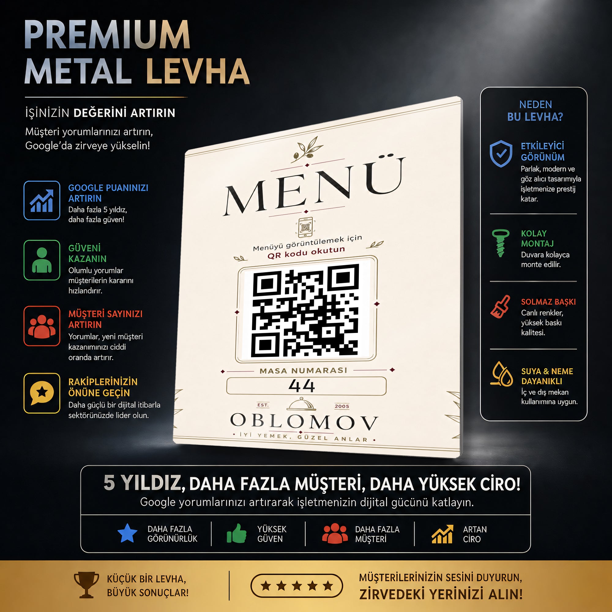 Metal QR Menü ve Masa Numarası Levhası – Kafe Restoran Menü