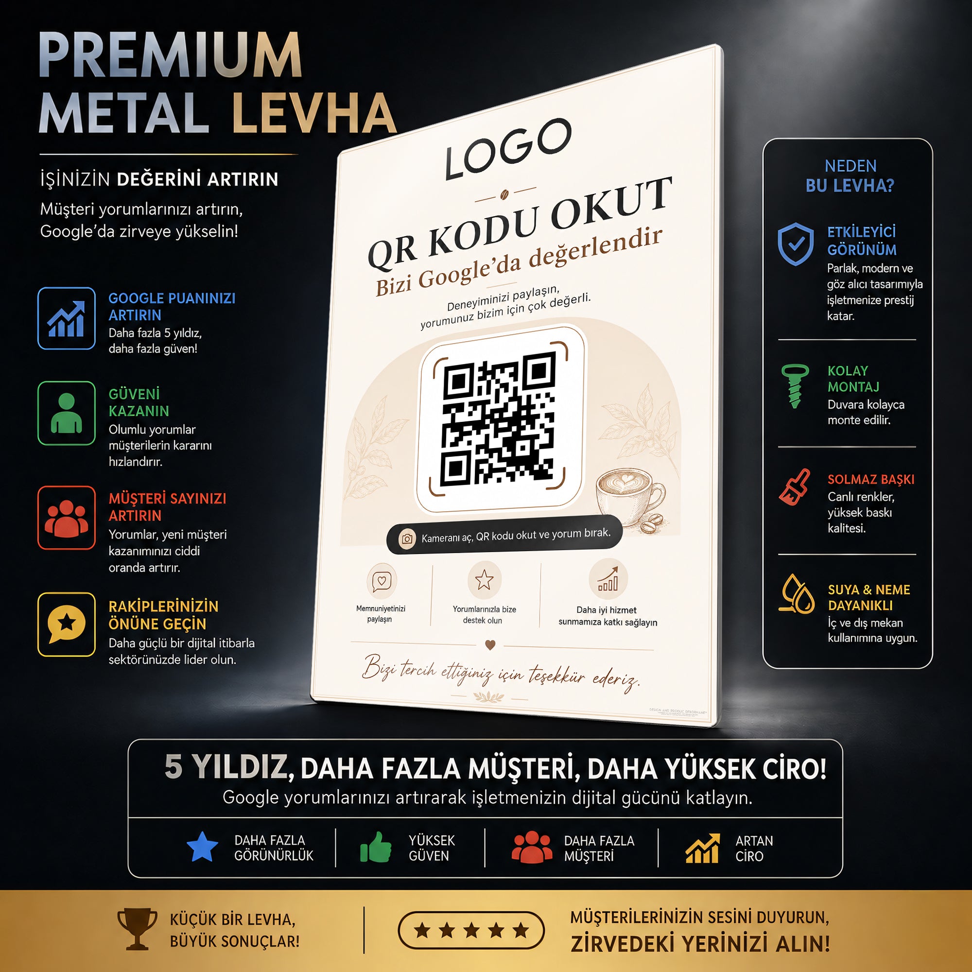 Metal Google Yorum QR Kod Levhası – Logolu İşletme Değerlendirme