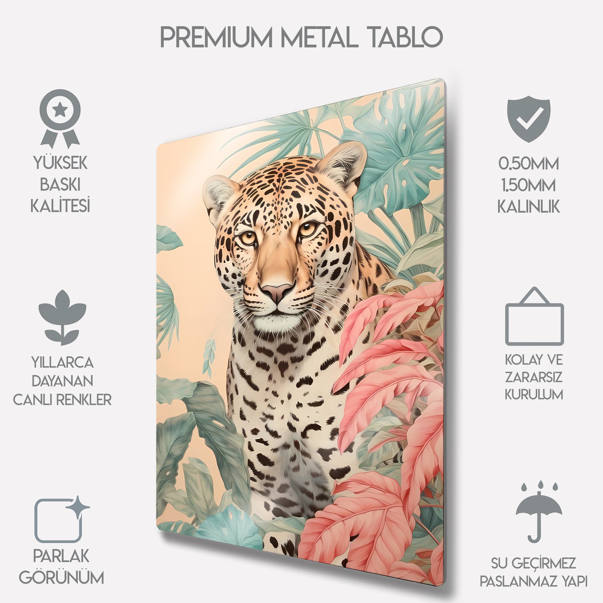 Tropikal Yapraklar Arasında Leopar - Metal Tablo