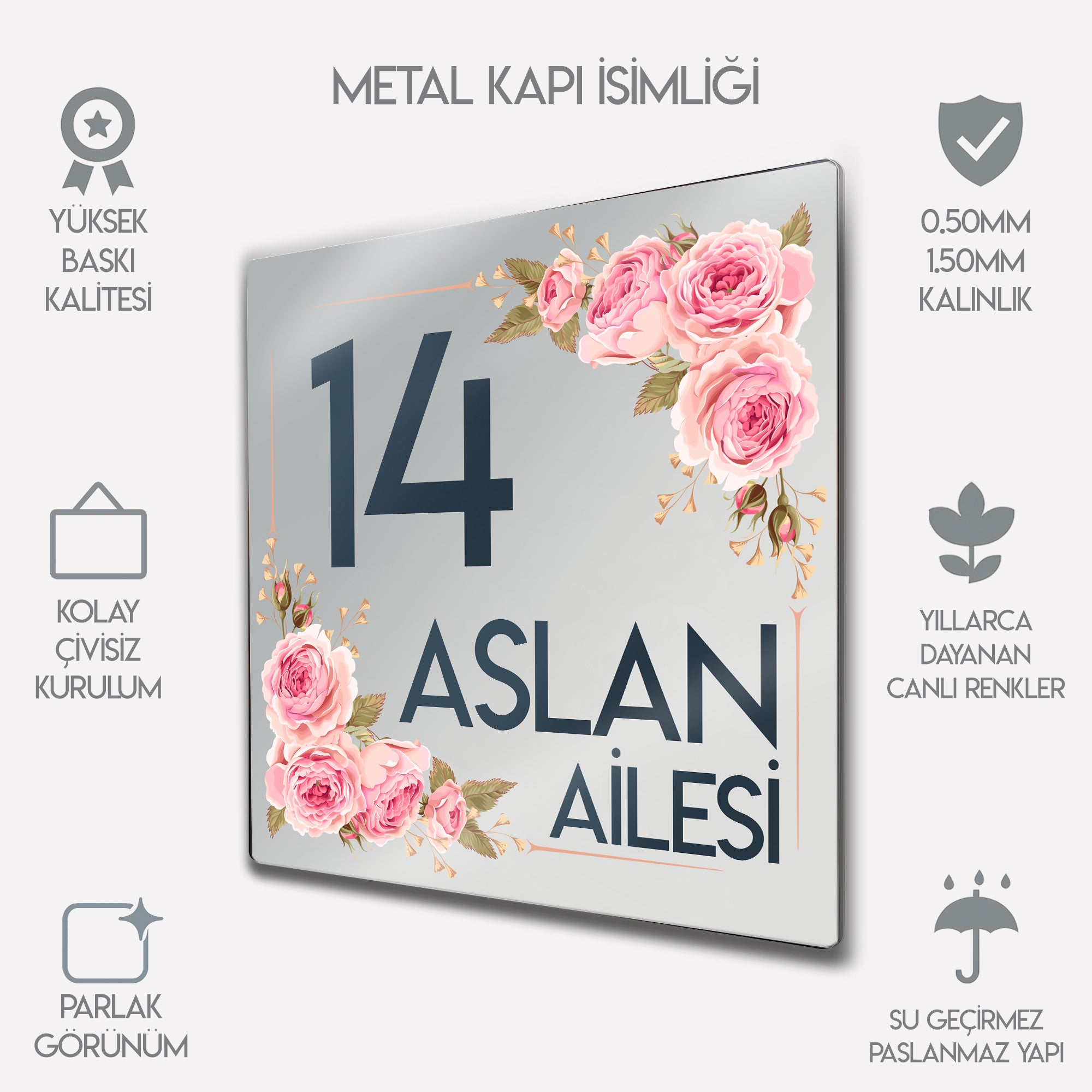 Kişiye Özel Metal Kapı İsimliği - Çiçekli Beyaz