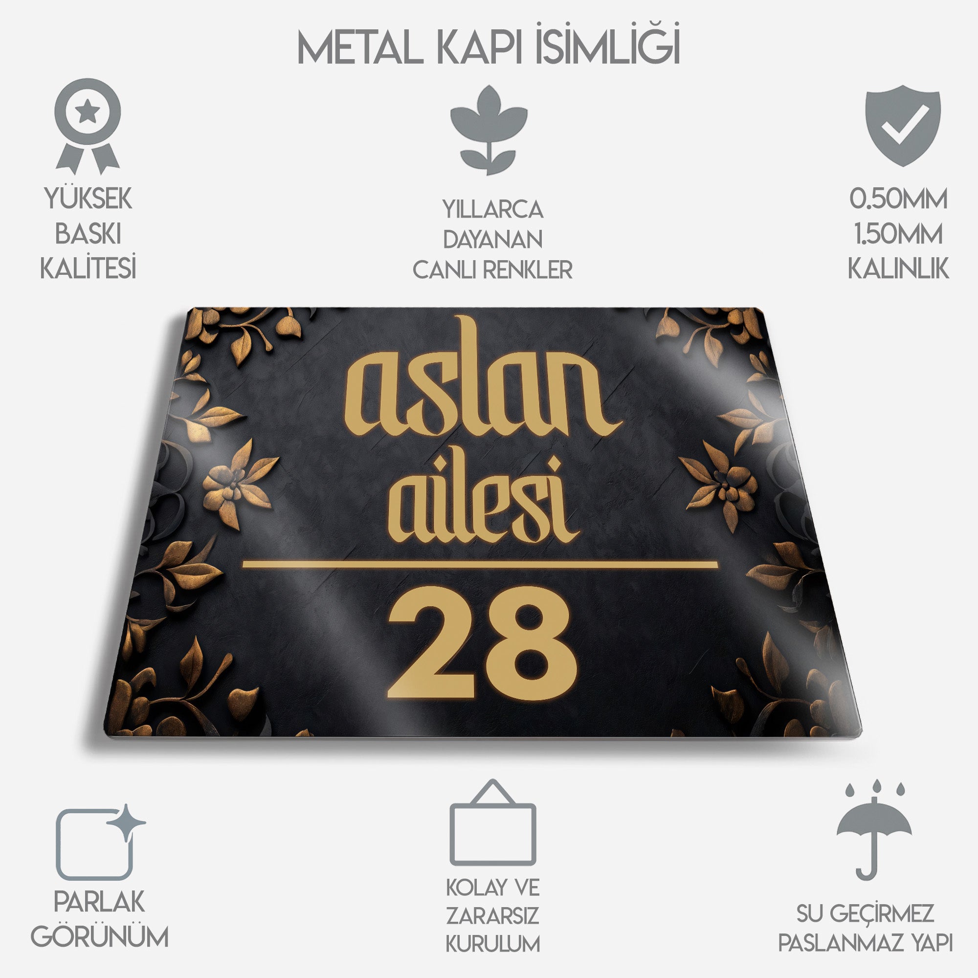 Kişiye Özel Metal Kapı İsimliği - Altın İşleme Desenli