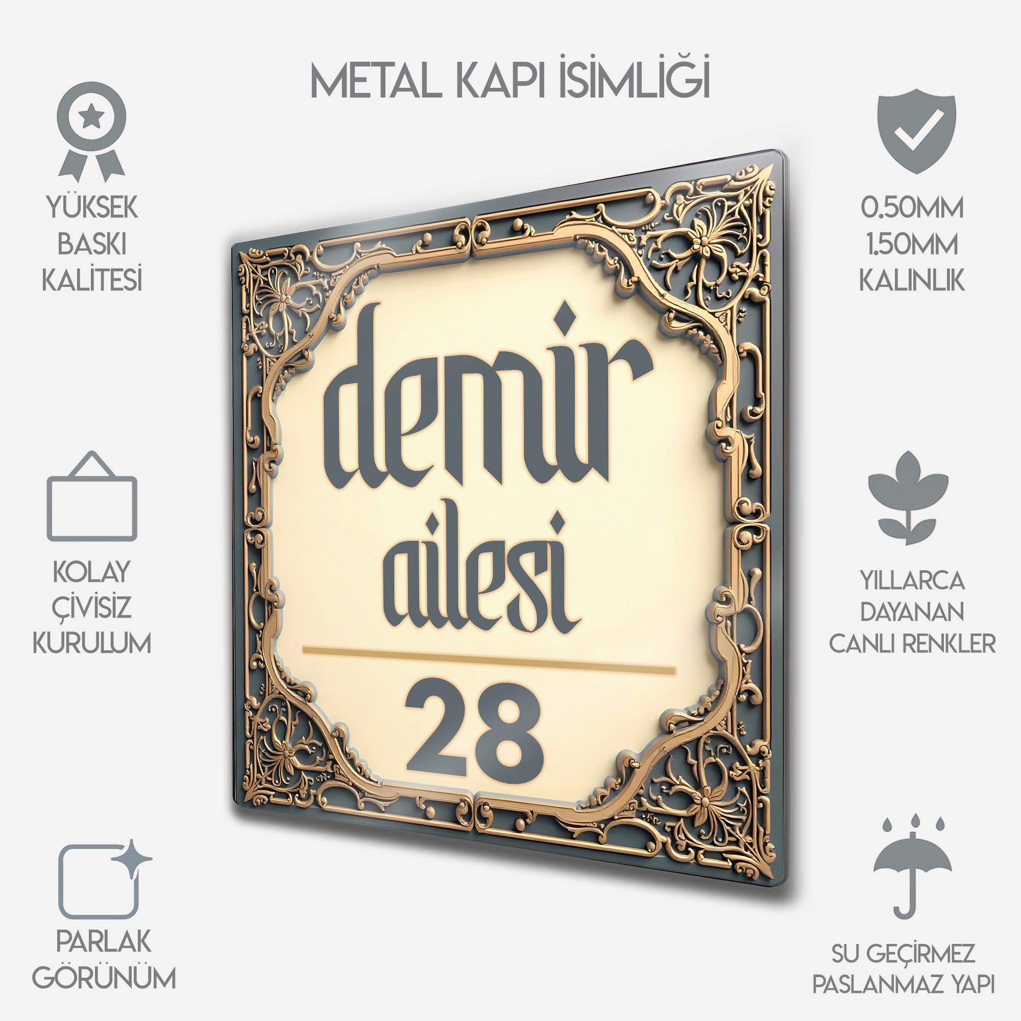 Kişiye Özel Metal Kapı İsimliği - Motifli Aile Numara