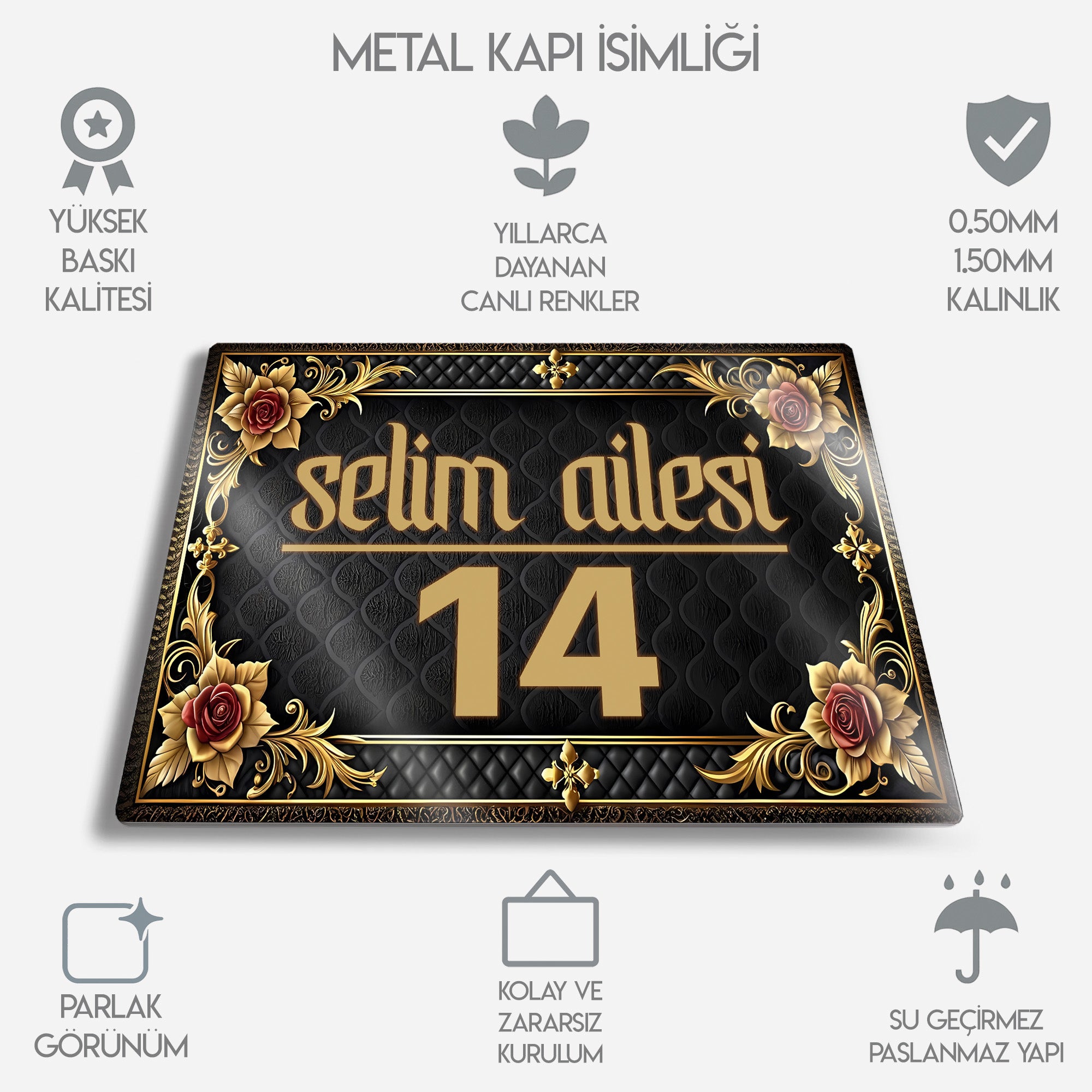 Kişiye Özel Metal Kapı İsimliği - Siyah Aile Altın Desenli