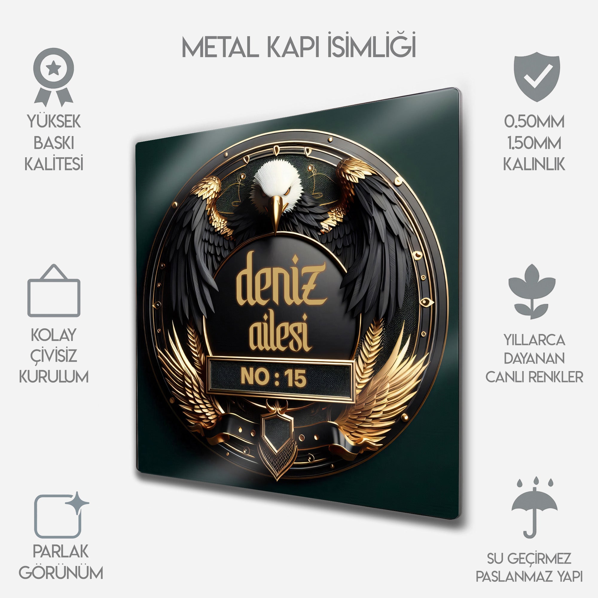 Kişiye Özel Metal Kapı İsimliği - Kartal Temalı, Villa Daire Numaralık
