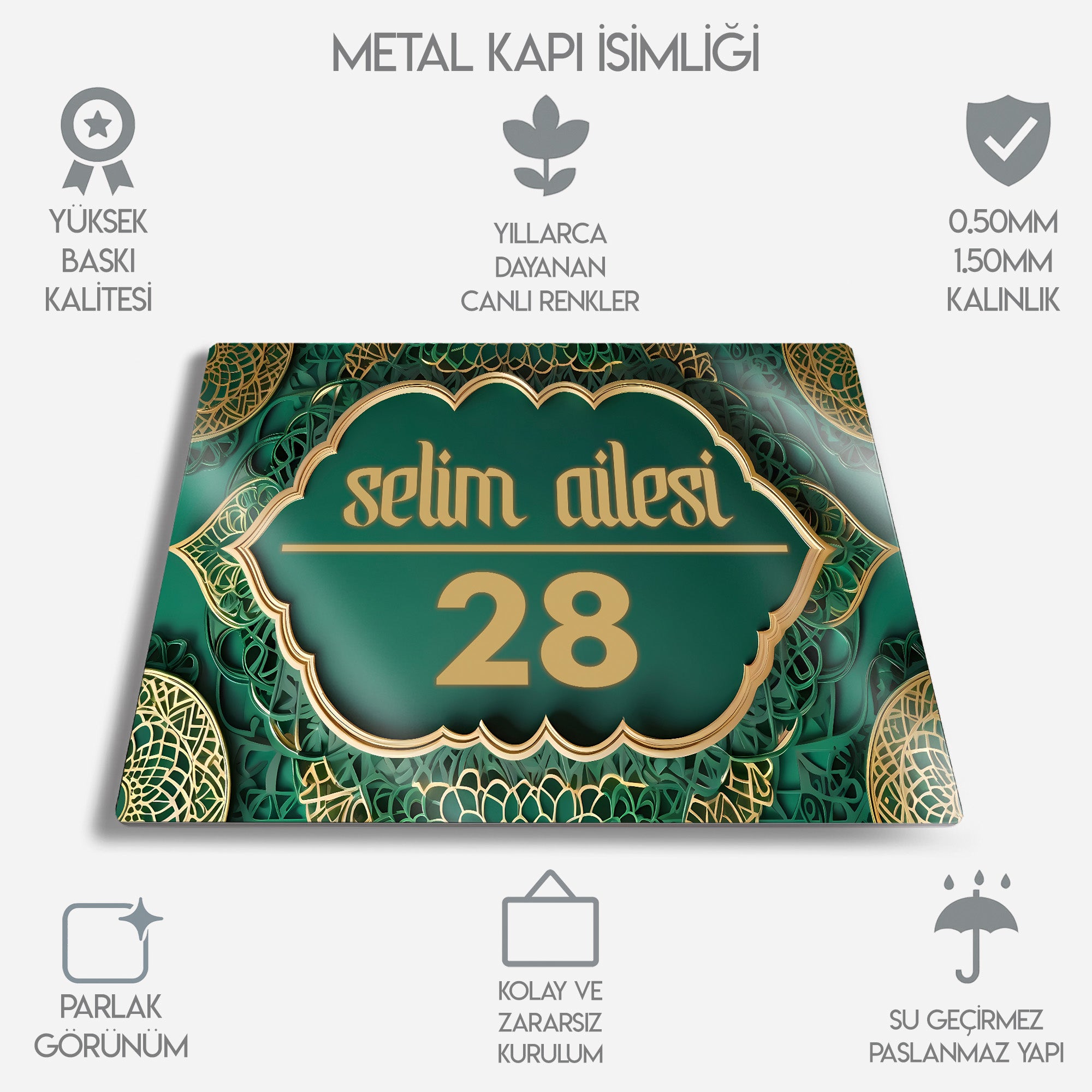 Kişiye Özel Metal Kapı İsimliği - Yeşil Desenli Aile İsimlik
