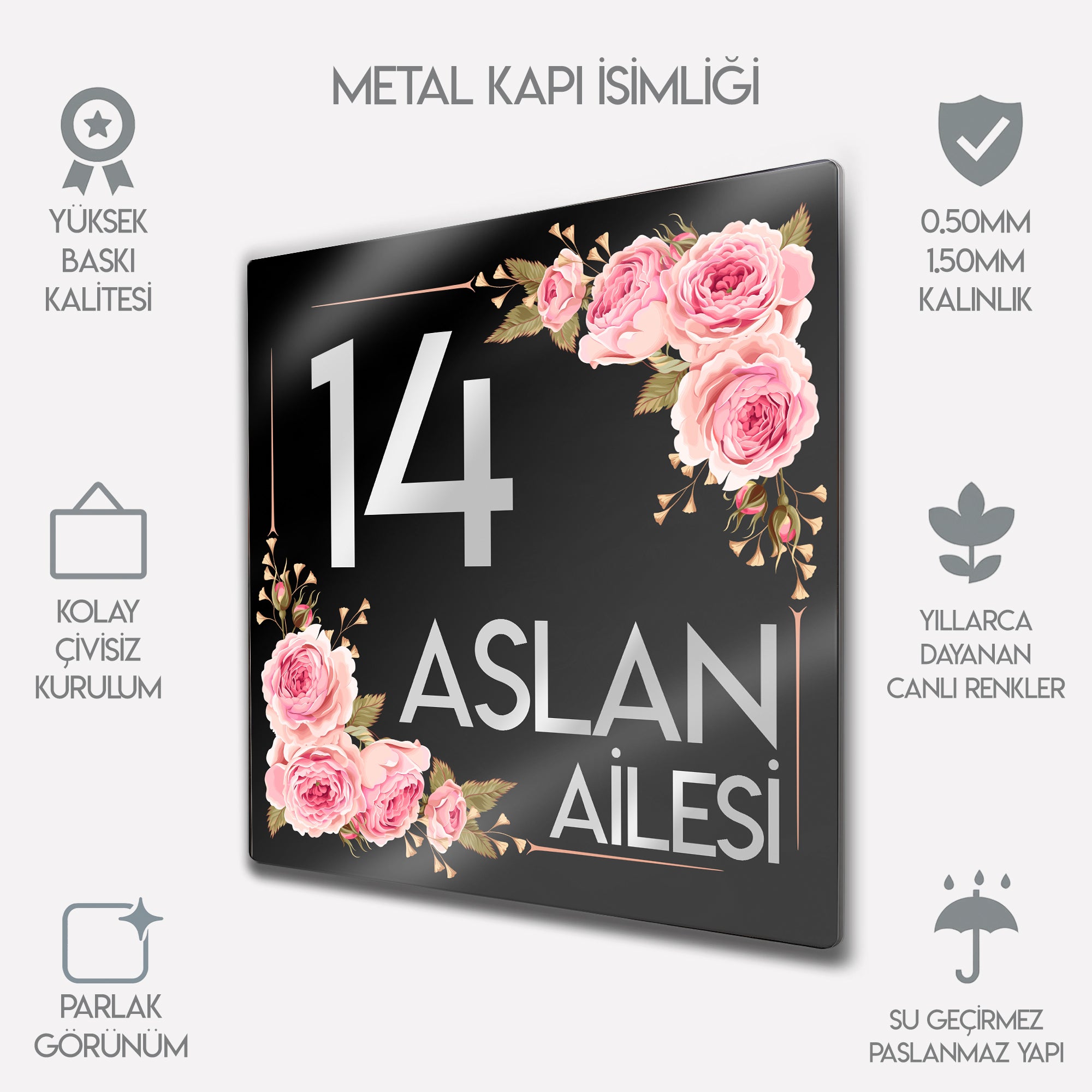Kişiye Özel Metal Kapı İsimliği - Çiçekli 3 Renk