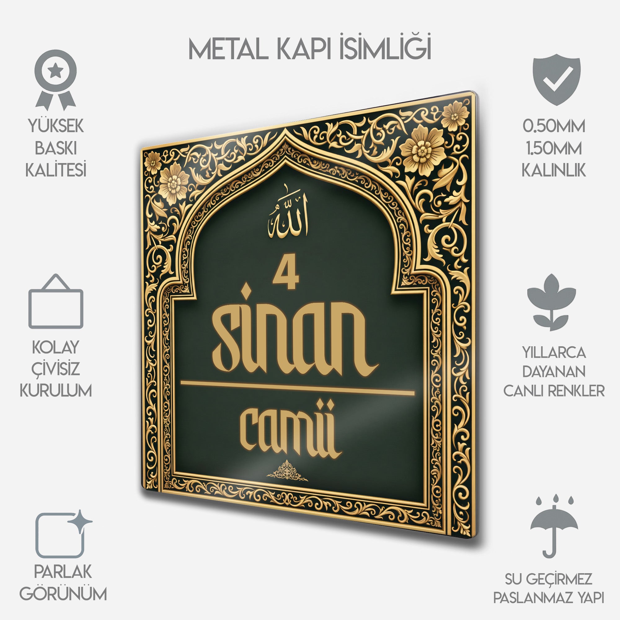 Kişiye Özel Metal Kapı İsimliği - Camii Motifli Dini Numaralık