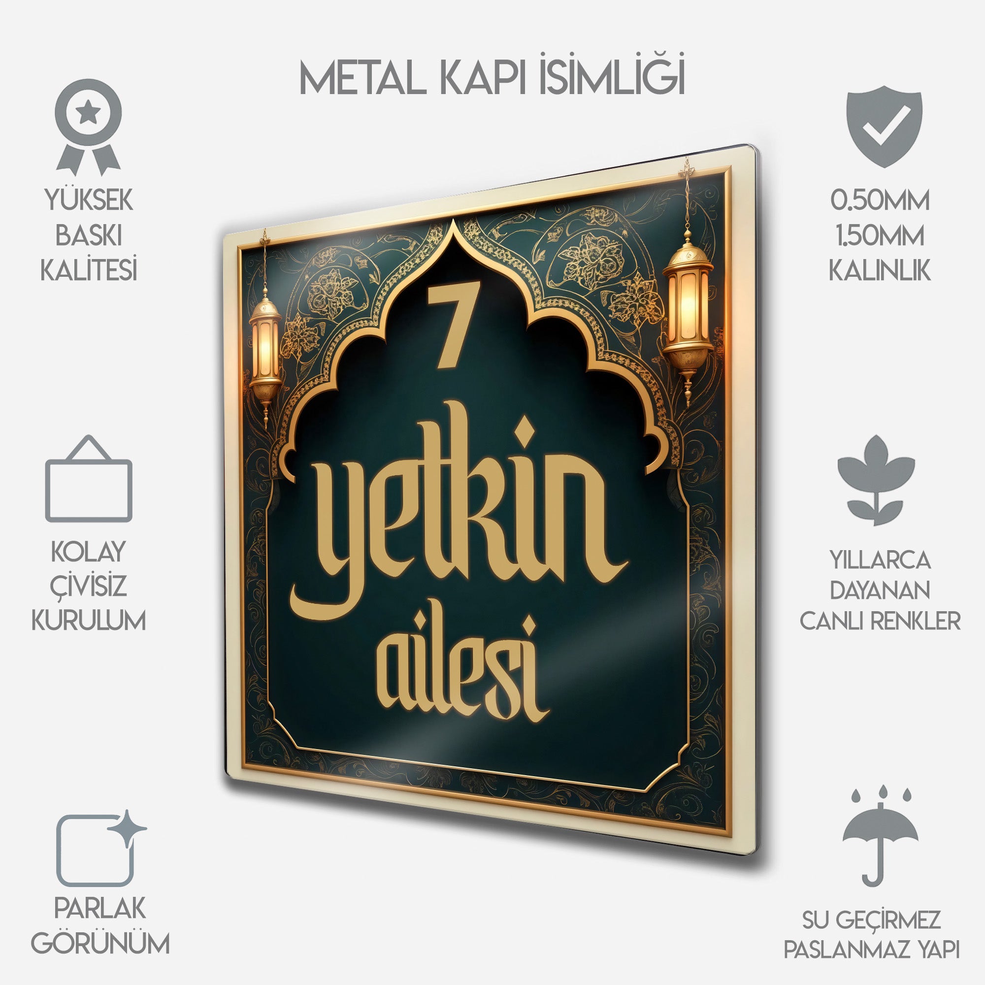 Kişiye Özel Metal Kapı İsimliği - İslam Motifli Aile Numaralık
