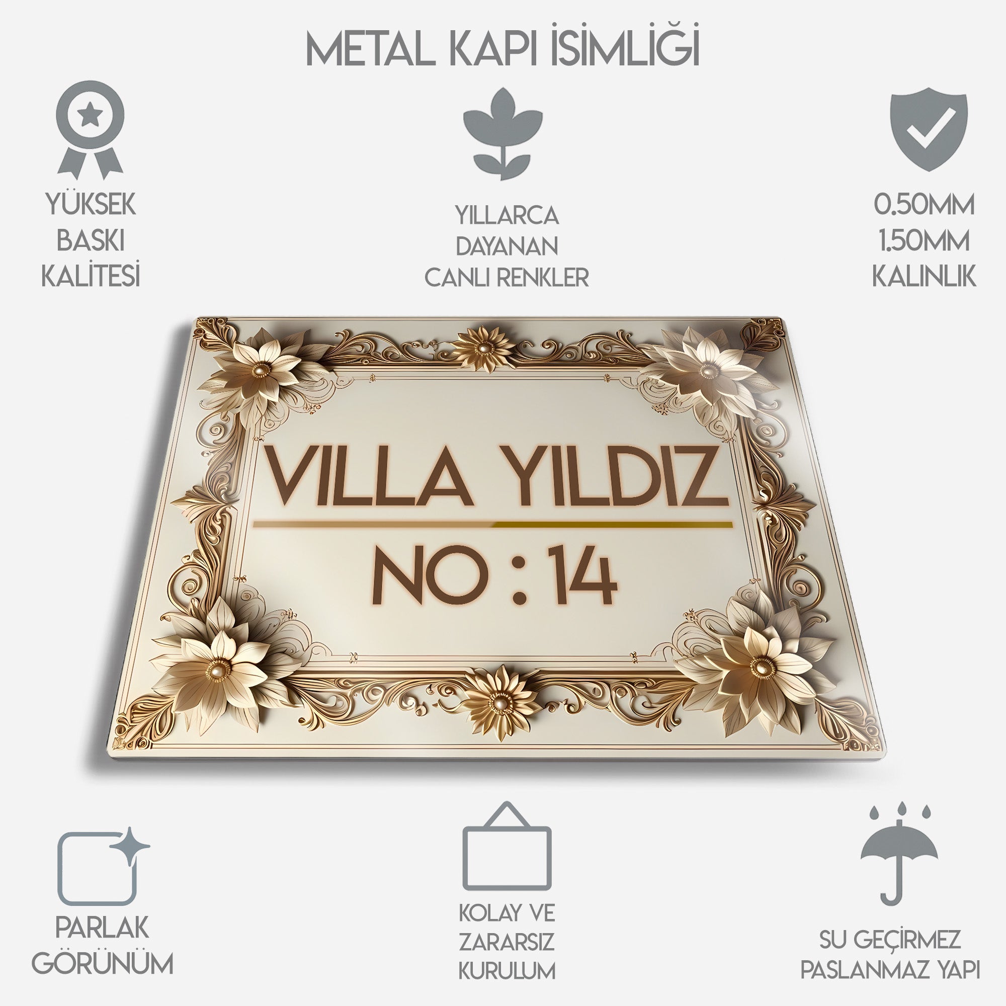 Kişiye Özel Metal Kapı İsimliği - Altın Çiçek Yaldızlı